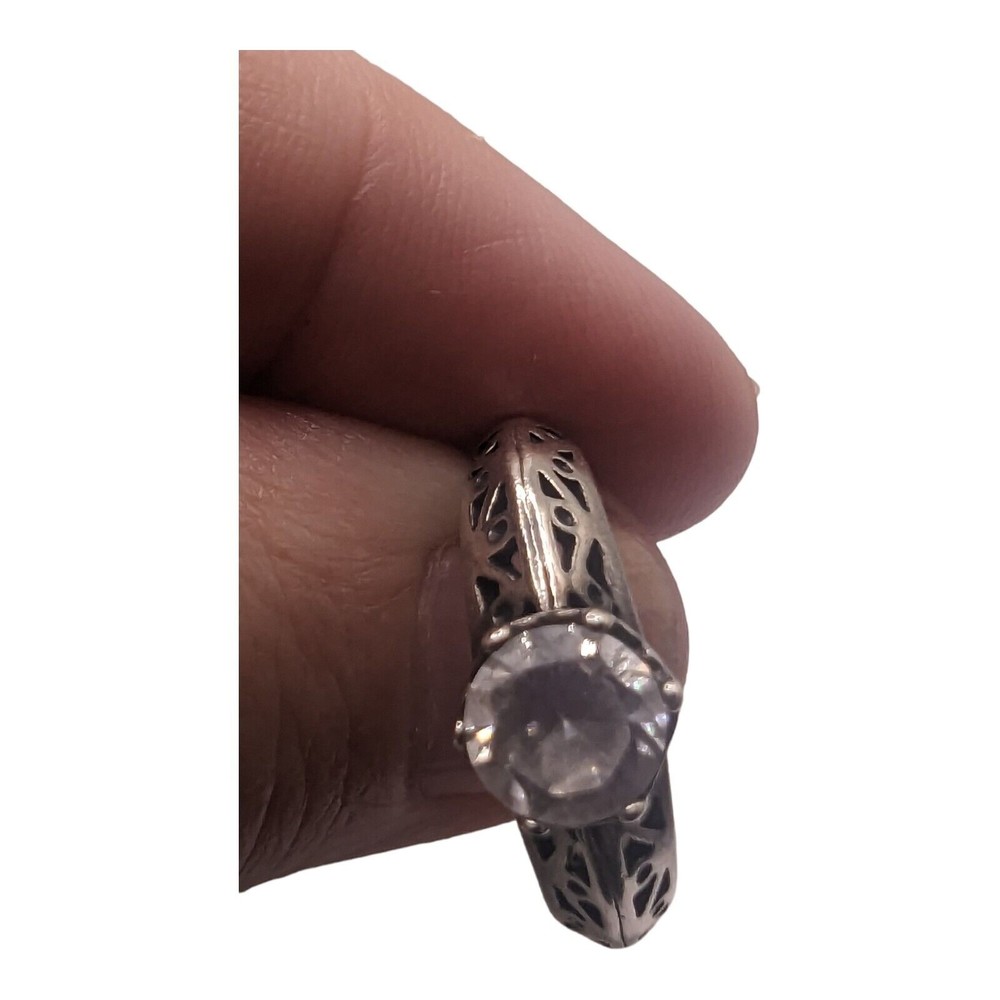 Art Deco Style Sterling Silver  Cubic Zirconia Solitaire Filigree Ring Size 6.75 - Picture 8 of 11